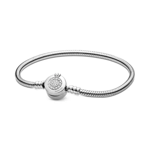 PANDORA ▫️ Pulseira Signature com corrente em forma de serpente e fecho com um desenho de coroa cintilante em forma de O, em prata de lei com zircônias cúbicas transparentes 2