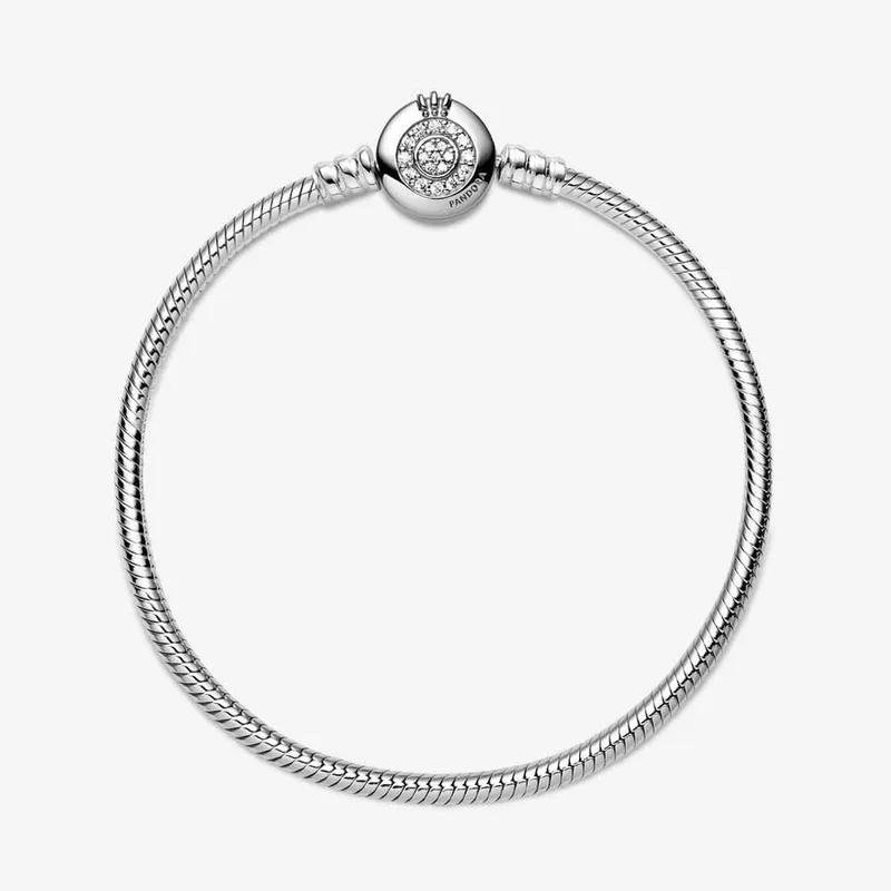 PANDORA ▫️ Pulseira Signature com corrente em forma de serpente e fecho com um desenho de coroa cintilante em forma de O, em prata de lei com zircônias cúbicas transparentes 5