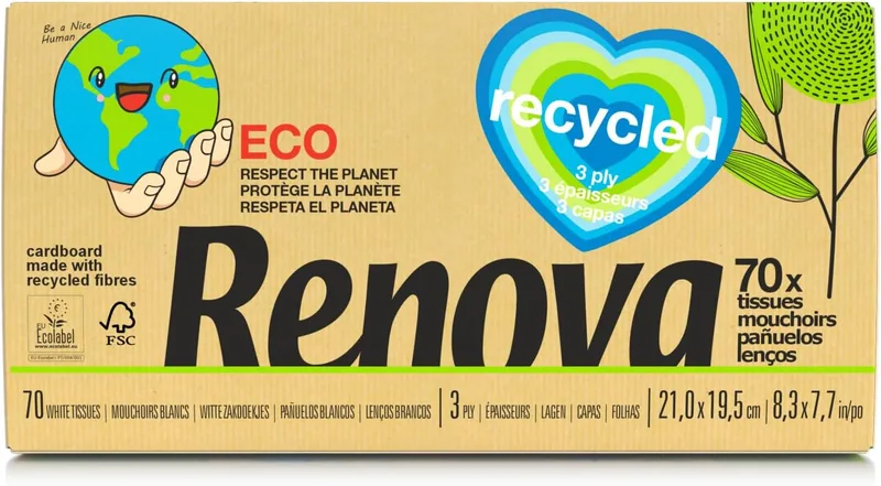 RENOVA ▫️ Recycled Facial Tissues : Caixa de 70 lenços de papel : Papel reciclado : Certificado FSC® e Ecolabel