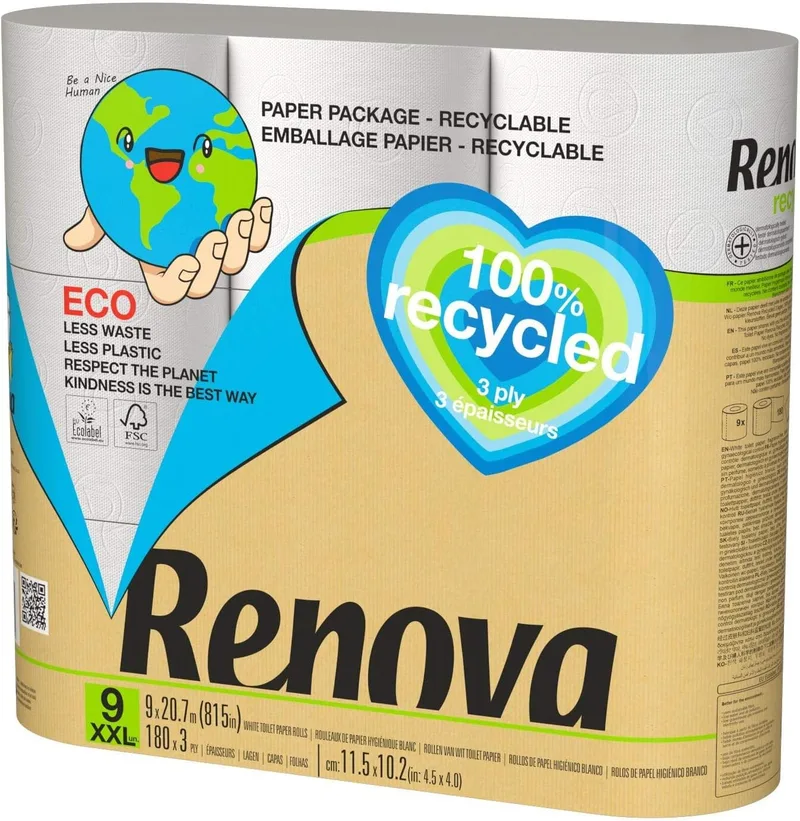 RENOVA ▫️ Papel Higiénico Recycled | 9 rolos reciclados e embalados em papel | Sem plásticos | Certificados FSC® e Ecolabel