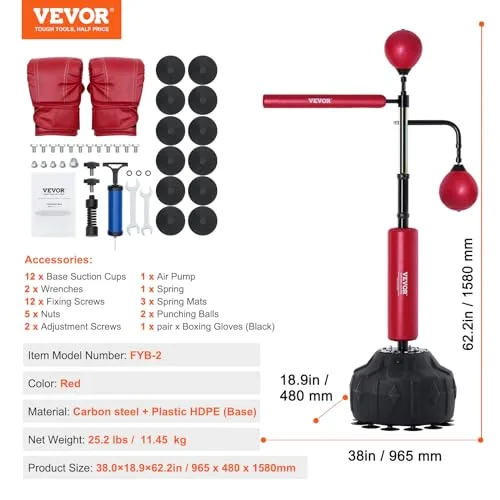 VEVOR ▫️ Saco de boxe com suporte ajustável, 965 x 480 x 1580 mm, para adolescentes e adultos – modelo independente com luvas de treino, vermelho 7