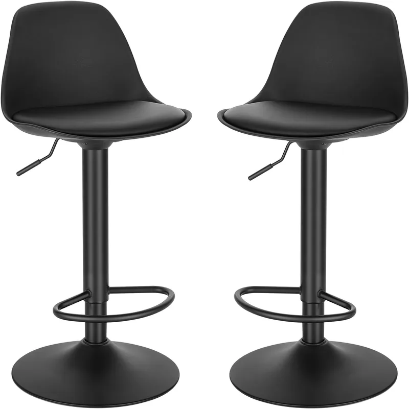 EUGAD ▫️ Conjunto de 2 bancos de bar giratórios, com altura ajustável entre 60,5 e 82 cm, banco de cozinha, estrutura metálica, com encosto e apoio para os pés, preto escuro, couro sintético