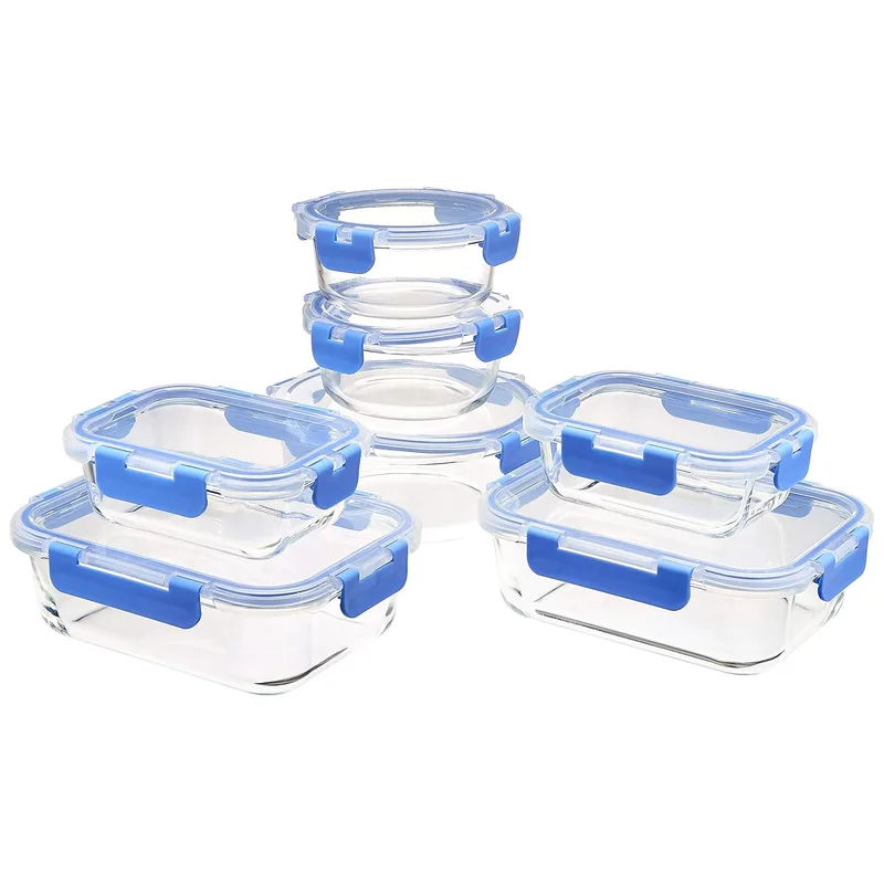 Amazon Basics ▫️ Lids 7 com 7 recipientes de armazenamento de alimentos sem BPA, conjunto de 14, transparente com anel de silicone azul