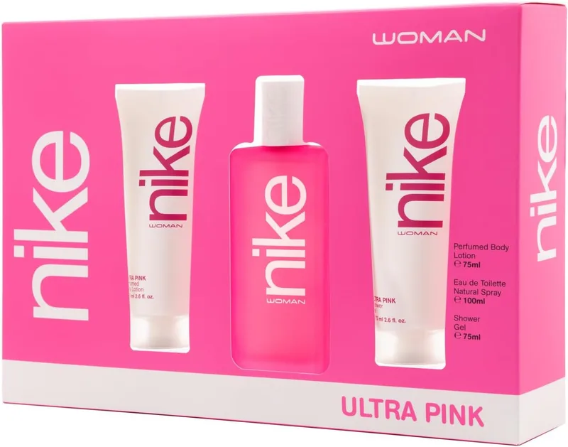 NIKE ▫️ Colónia Ultra Pink 100ml + Creme Corporal 75ml + Gel de Banho 75ml, Conjunto de oferta para mulher, Eau de Toilette Natural e Feminina, Aroma Gourmand Oriental, Fragrância Fresca, Rebelde e Duradoura