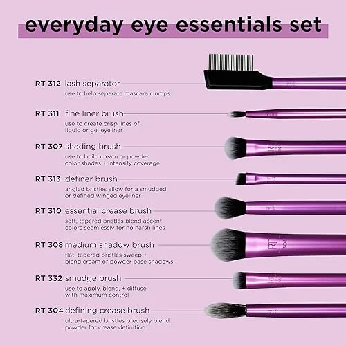 REAL TECHNIQUES ▫️ Conjunto de pincéis de maquilhagem Everyday Eye Essentials, pincéis para os olhos para delineador, sombra, sobrancelhas e pestanas, ideal para viagens, cerdas sintéticas, sem testes em animais e vegan, conjunto de 8 peças 3