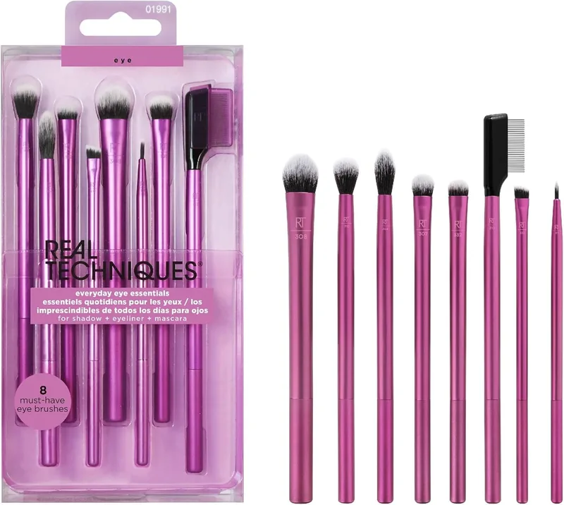 REAL TECHNIQUES ▫️ Conjunto de pincéis de maquilhagem Everyday Eye Essentials, pincéis para os olhos para delineador, sombra, sobrancelhas e pestanas, ideal para viagens, cerdas sintéticas, sem testes em animais e vegan, conjunto de 8 peças