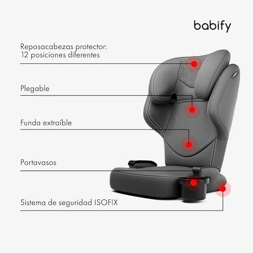 Star Ibaby ▫️ Babify Cadeira de carro Isofix 15-36 kg - Para crianças dos 3 aos 12 anos, encosto de cabeça ajustável em 12 posições, porta-copos removível, dobrável, capa lavável, em conformidade com a norma R129 da UE, cinzenta 2