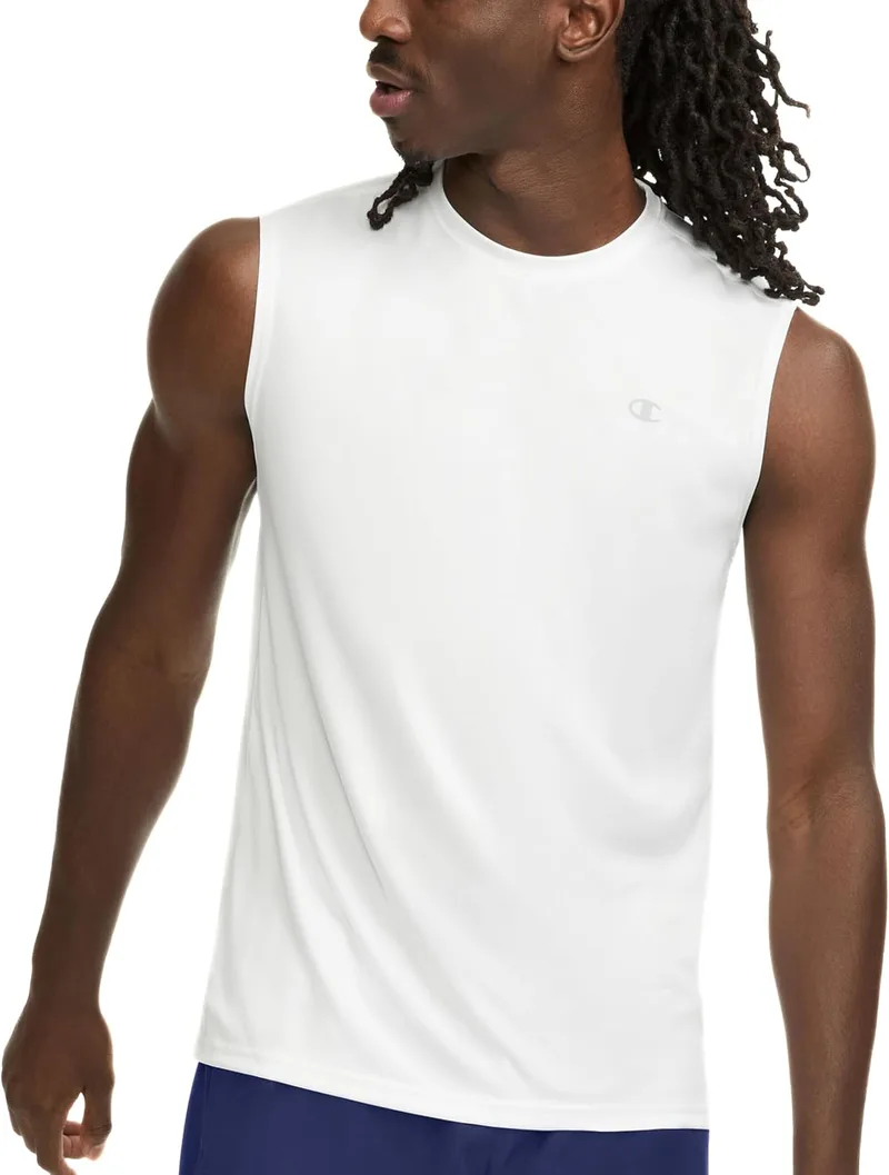 Champion ▫️ Camisola sem mangas Camisola desportiva tipo «muscle tank», com tecnologia de absorção de humidade, Camisola «muscle tank» para homem (tamanhos normais ou grandes e altos) Camisola para homem (pacote de 1)