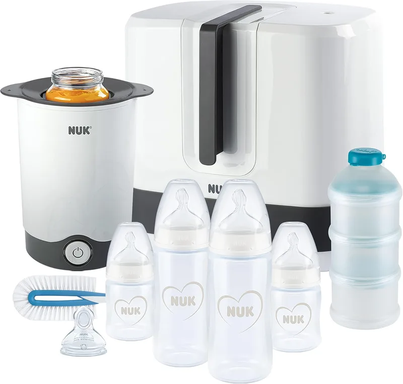 NUK ▫️ Conjunto completo de alimentação First Choice+ : Esterilizador Vario Express, 4 biberões, 1 tetina extra, aquecedor de biberões e muito mais : Cinzento e branco : 9 peças