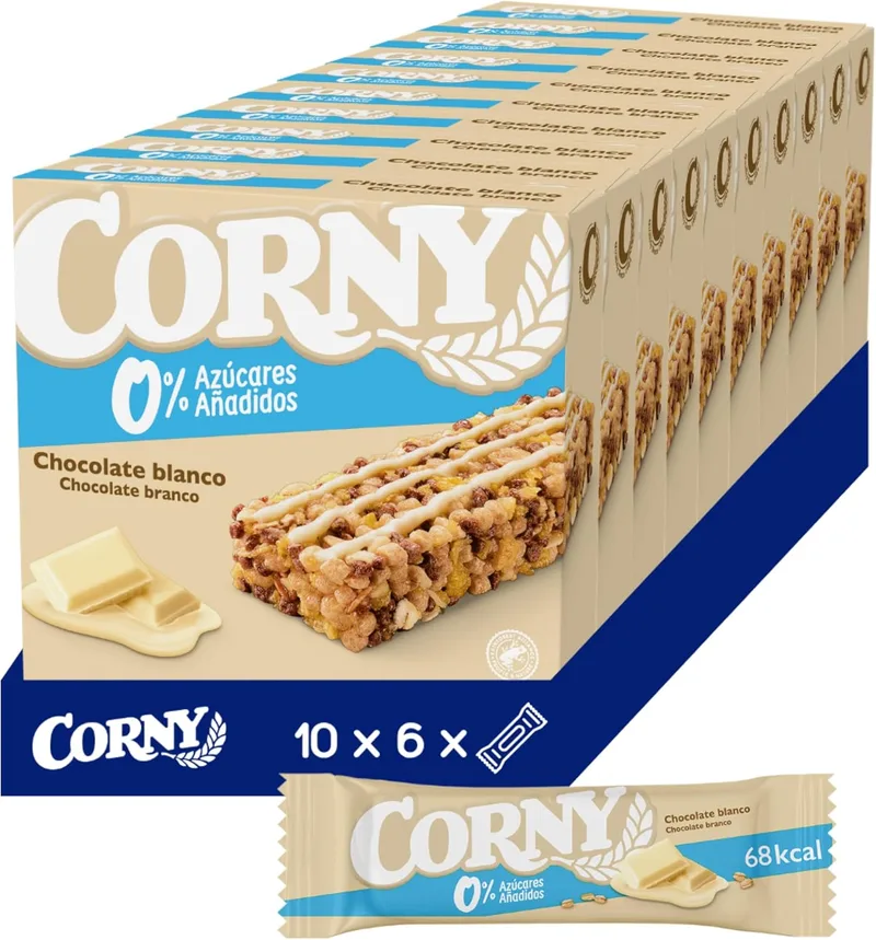 Corny ▫️ Barritas de cereais 0% de chocolate branco, 10 x 6 x 20 g