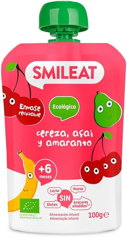 SMILEAT EAT & SMILE ▫️ Smileat - Bolsa de Fruta Biológica - Sem Sal, Sem Açúcar, Sem Glúten - Lanche Prático para Crianças - Sabores Cereja, Açaí e Amaranto