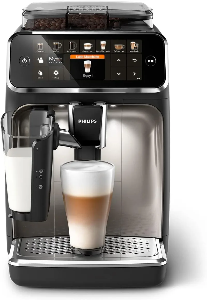 Philips ▫️ Cafeteira superautomática série 5400 - Sistema de leite LatteGo, 12 variedades de café, visor intuitivo, 4 perfis de utilizador, cromado (EP5447/90)