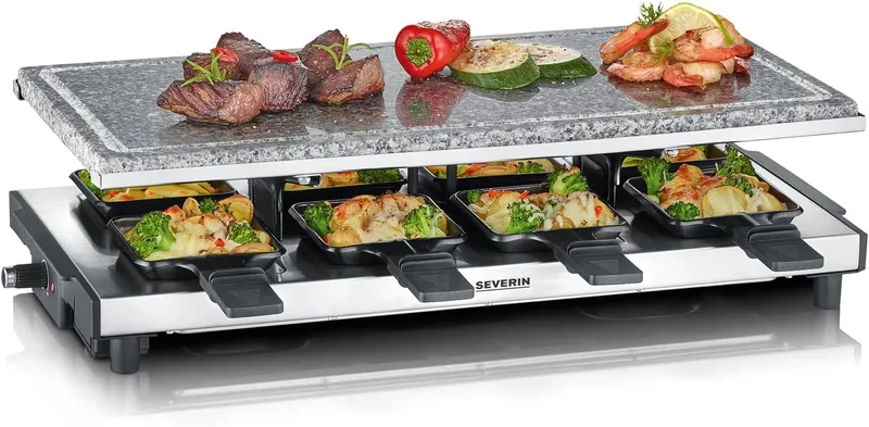 Severin ▫️ Raclette-Grill com pedra natural, grelhador elétrico de mesa, raclette para 8 pessoas com placa de grelhar e 8 panelas, plástico/aço inoxidável, preto, RG 2374
