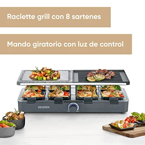 Severin ▫️ Raclette com pedra natural e placa de grelhar, grelhador com grelha antiaderente e 8 frigideiras, grelhador elétrico para 8 pessoas, máx. 1400 W, preto, RG 2371 2