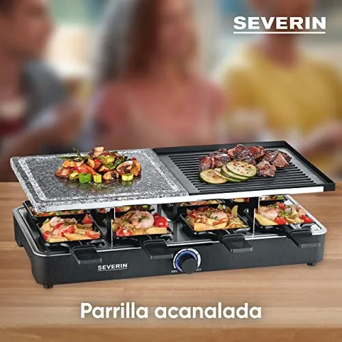 Severin ▫️ Raclette com pedra natural e placa de grelhar, grelhador com grelha antiaderente e 8 frigideiras, grelhador elétrico para 8 pessoas, máx. 1400 W, preto, RG 2371 3