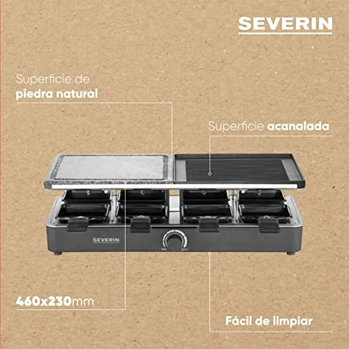 Severin ▫️ Raclette com pedra natural e placa de grelhar, grelhador com grelha antiaderente e 8 frigideiras, grelhador elétrico para 8 pessoas, máx. 1400 W, preto, RG 2371 4