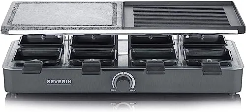Severin ▫️ Raclette com pedra natural e placa de grelhar, grelhador com grelha antiaderente e 8 frigideiras, grelhador elétrico para 8 pessoas, máx. 1400 W, preto, RG 2371 5