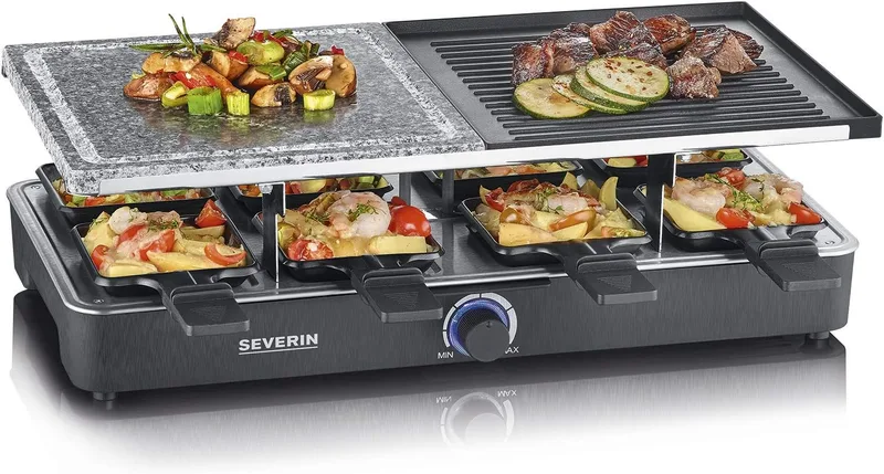 Severin ▫️ Raclette com pedra natural e placa de grelhar, grelhador com grelha antiaderente e 8 frigideiras, grelhador elétrico para 8 pessoas, máx. 1400 W, preto, RG 2371