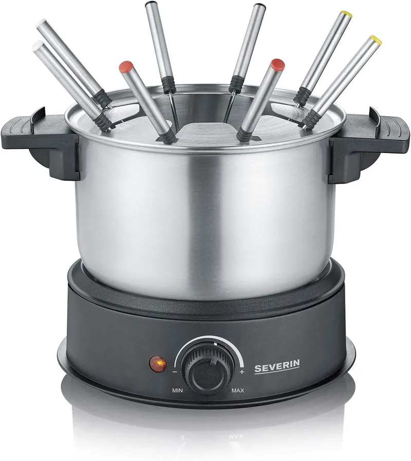Severin ▫️ Fondue com tampa amovível em aço inoxidável, lavável na máquina de lavar louça, 1,5 W, 1,4 litros, plástico/aço inoxidável, preto FO 2470