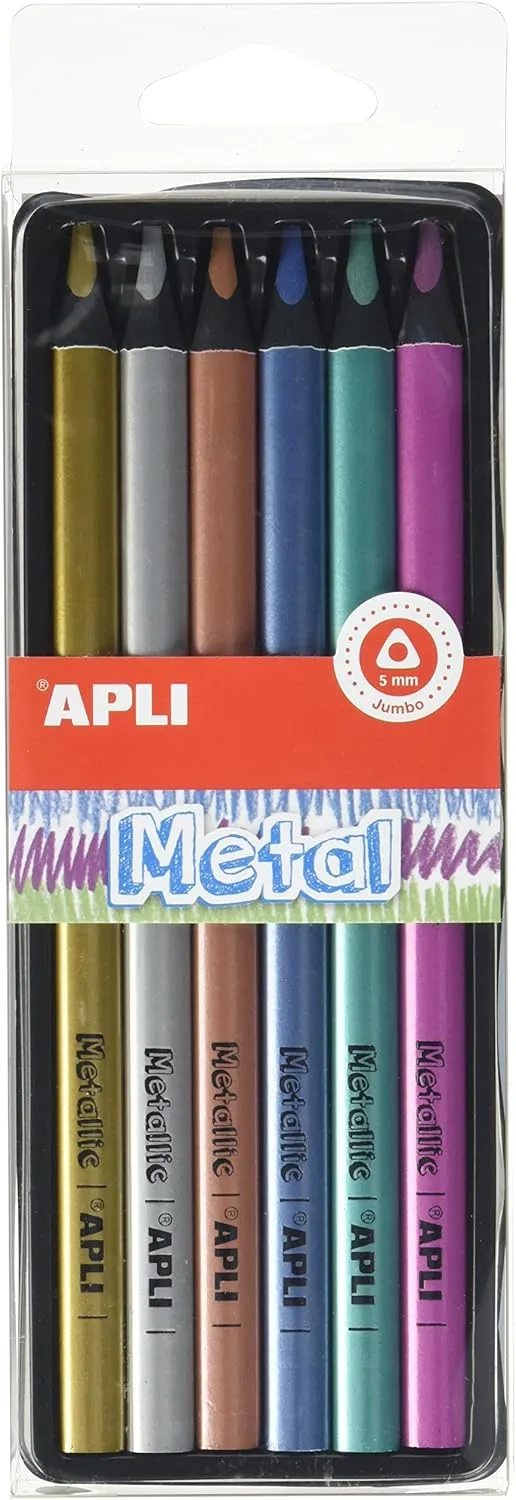 APLI ▫️ 18061 - Conjunto de lápis de cor metalizados jumbo | Efeito brilhante em papel escuro | Mina resistente de 5 mm para desenho criativo e decoração