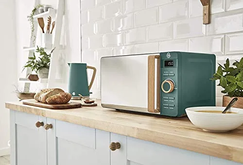 Swan ▫️ Micro-ondas digital Nordic de 20 L, 6 níveis de potência, 800 W, temporizador de 30 minutos, fácil de limpar, modo de descongelação, design moderno, puxador com efeito de madeira, verde mate 2