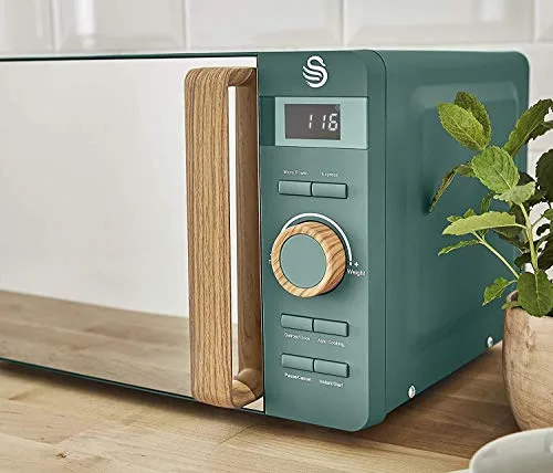 Swan ▫️ Micro-ondas digital Nordic de 20 L, 6 níveis de potência, 800 W, temporizador de 30 minutos, fácil de limpar, modo de descongelação, design moderno, puxador com efeito de madeira, verde mate 3