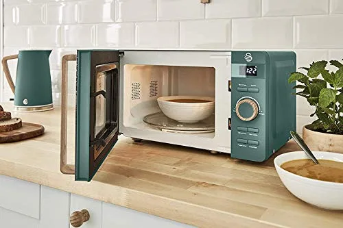 Swan ▫️ Micro-ondas digital Nordic de 20 L, 6 níveis de potência, 800 W, temporizador de 30 minutos, fácil de limpar, modo de descongelação, design moderno, puxador com efeito de madeira, verde mate 5