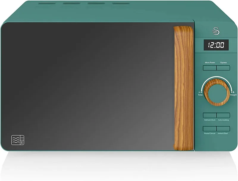 Swan ▫️ Micro-ondas digital Nordic de 20 L, 6 níveis de potência, 800 W, temporizador de 30 minutos, fácil de limpar, modo de descongelação, design moderno, puxador com efeito de madeira, verde mate