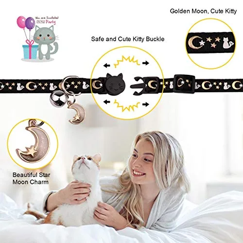 Baeuppit ▫️ 2 coleiras para gatos com luas e sinos, estrelas; coleira ajustável e segura para gatinhos com um pendente que brilha no escuro (preto e roxo) 4