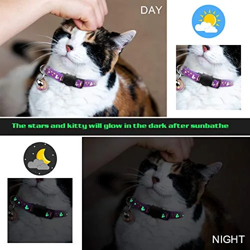 Baeuppit ▫️ 2 coleiras para gatos com luas e sinos, estrelas; coleira ajustável e segura para gatinhos com um pendente que brilha no escuro (preto e roxo) 5