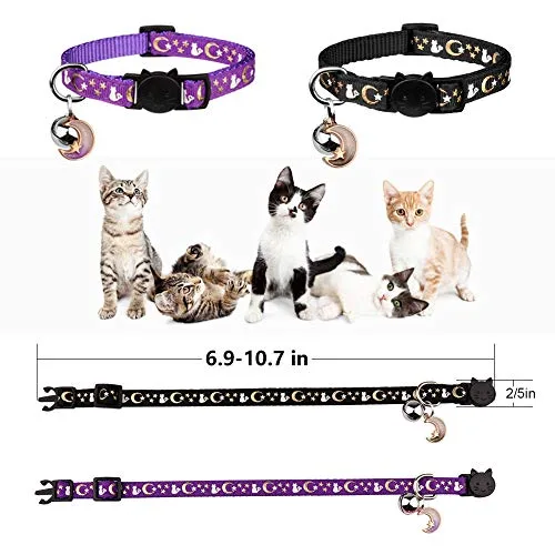 Baeuppit ▫️ 2 coleiras para gatos com luas e sinos, estrelas; coleira ajustável e segura para gatinhos com um pendente que brilha no escuro (preto e roxo) 6