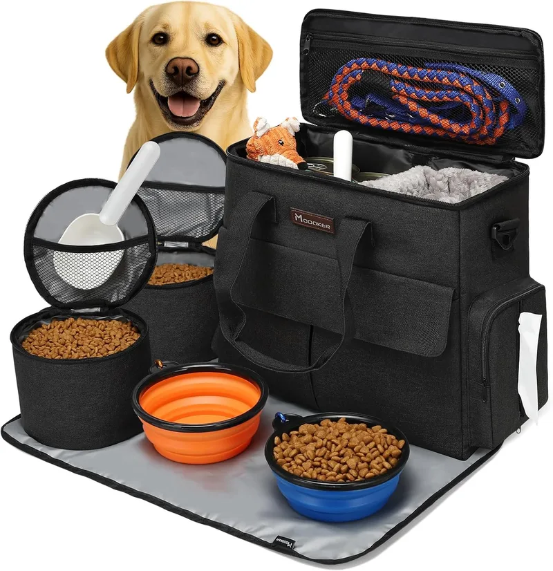MODOKER ▫️ Saco de viagem para animais de estimação aprovado pela companhia aérea, kit de viagem de fim de semana para cães e gatos, organizador de sacos aprovado pela companhia aérea com bolsos multifuncionais, preto