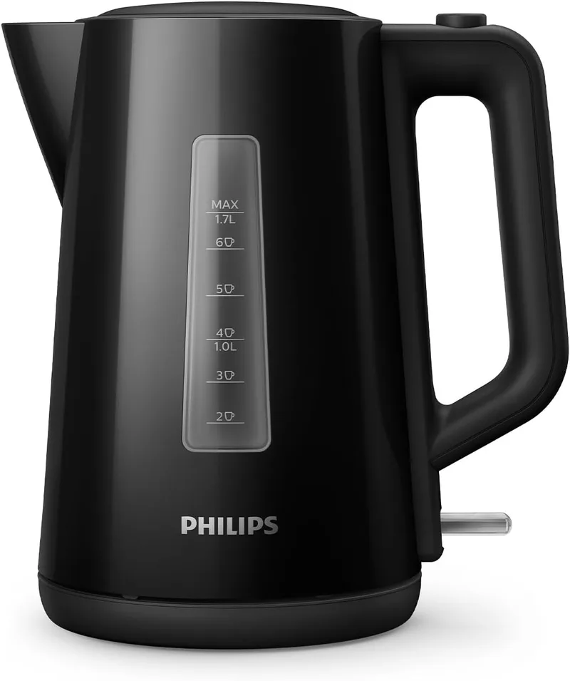 PHILIPS ▫️ Fervedor Série 3000 - 1,7 L, Tampa com mola, Resistência plana, Luz indicadora, Filtro removível, Vários sistemas de segurança, Preto (HD9318/20)