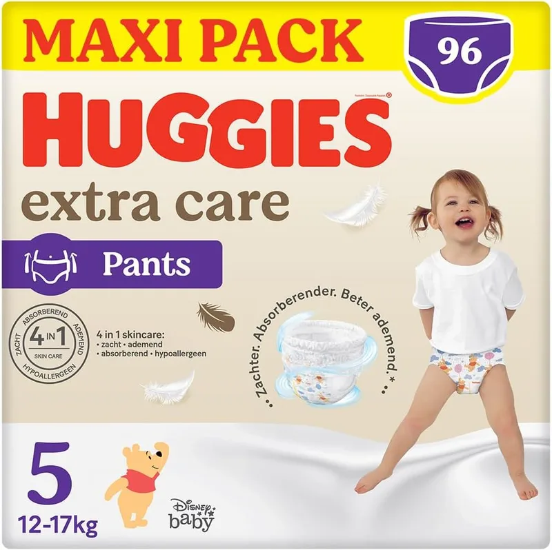 HUGGIES ▫️ Extra Care - Cuecas para fraldas, tamanho 5 (12-17 kg), desenho Disney, 96 unidades.