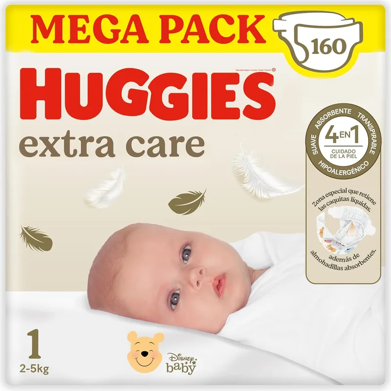 HUGGIES ▫️ Fraldas Extra Care para recém-nascidos com motivos da Disney, Tamanho 1 (2-5 kg), 160 fraldas, com almofadas macias e 2 zonas absorventes