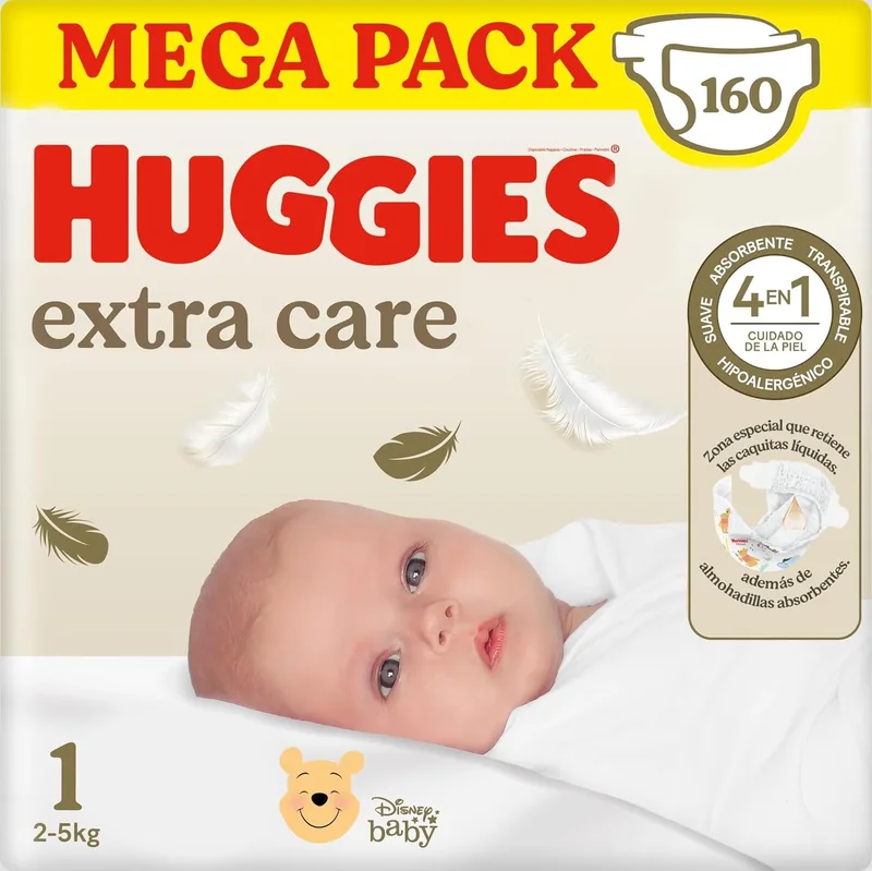 HUGGIES ▫️ Fraldas Extra Care para recém-nascidos com motivos da Disney, Tamanho 1 (2-5 kg), 160 fraldas, com almofadas macias e 2 zonas absorventes