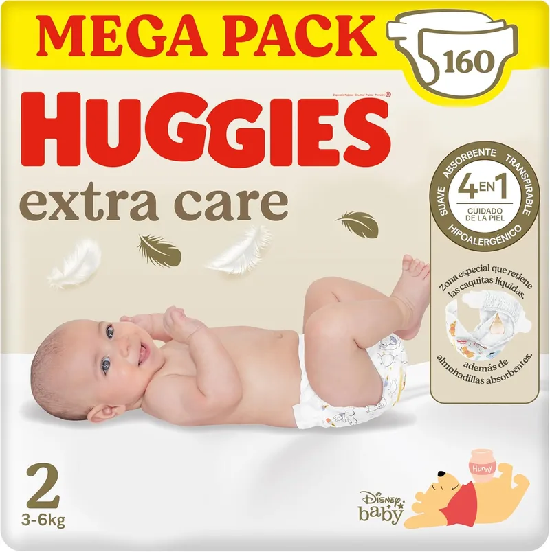 HUGGIES ▫️ Fraldas para recém-nascidos Extra Care Disney Pattern Tamanho 2 (3-6 kg) 160 fraldas, com almofadas macias e 2 zonas de absorção