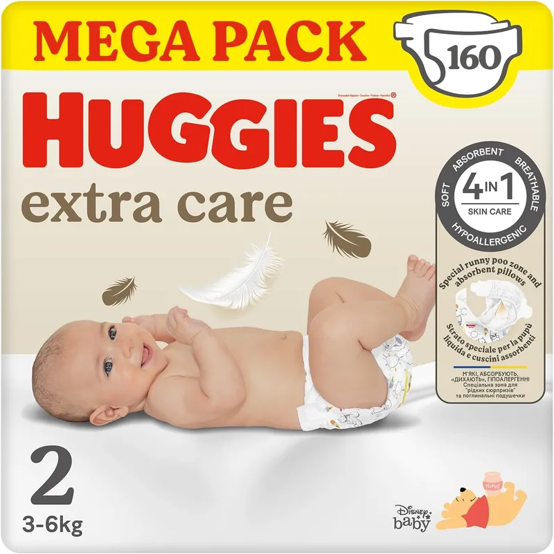HUGGIES ▫️ Fraldas Extra Care para recém-nascidos com motivos da Disney, tamanho 2 (3-6 kg), 160 fraldas, com almofadas macias e 2 zonas absorventes