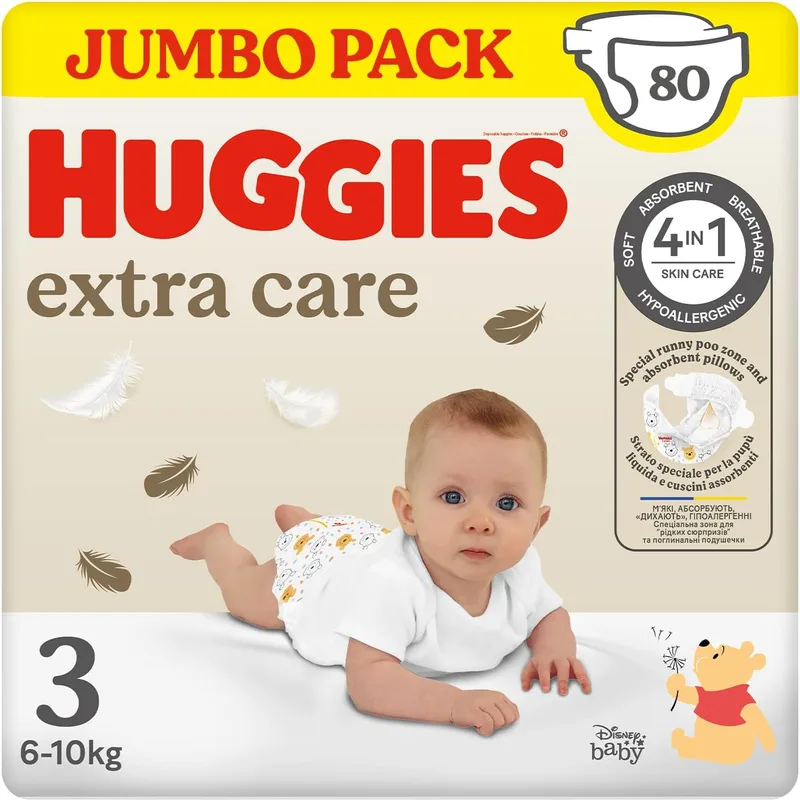 HUGGIES ▫️ Extra Care - Fraldas tamanho 3 (6-10 kg), ultraabsorventes, com motivos da Disney, embalagem de 80 unidades