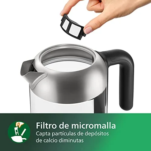 PHILIPS ▫️ Série 5000, Chaleira de vidro, 1,7 L, tampa removível, indicador luminoso azul, enchimento fácil, indicador de uma chávena, filtro de micro-malha (HD9339/80) 5