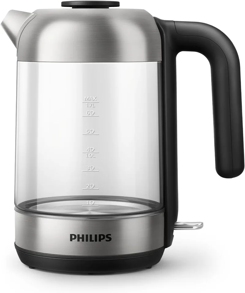 PHILIPS ▫️ Série 5000, Chaleira de vidro, 1,7 L, tampa removível, indicador luminoso azul, enchimento fácil, indicador de uma chávena, filtro de micro-malha (HD9339/80)