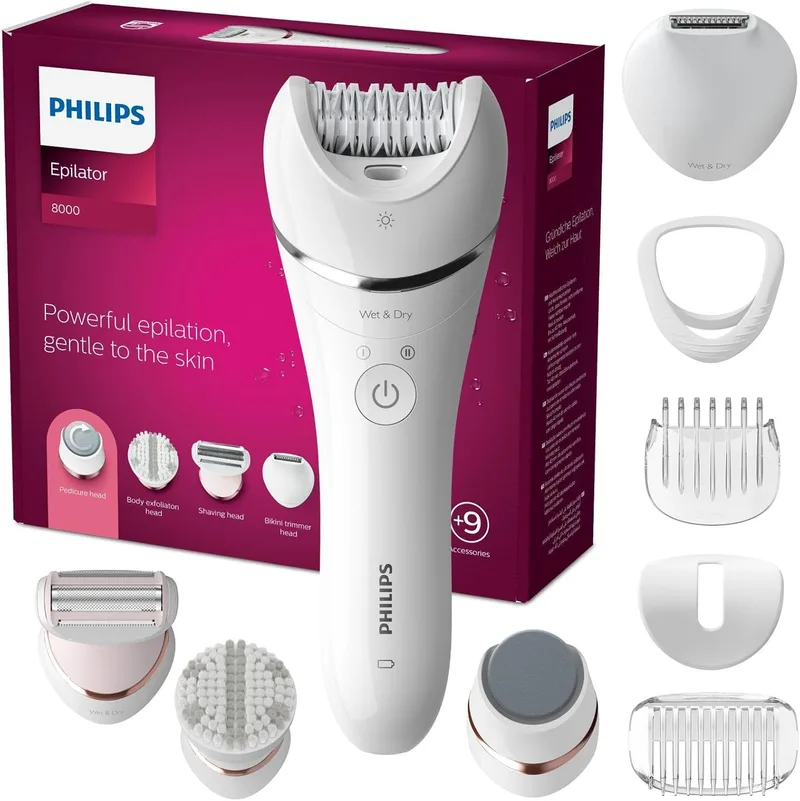 Philips ▫️ Women's Epilator 8000 Series, 9 em 1, para corpo, rosto, pés e biquíni, utilização a húmido ou a seco, pele suave em casa, cabeça de depilação em cerâmica, BRE740/10, branco