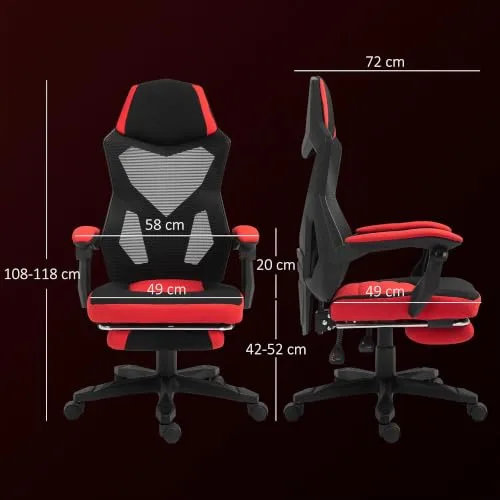 Vinsetto ▫️ Cadeira Gaming Giratória em Malha com Apoio para os Pés Retrátil Vermelha 3
