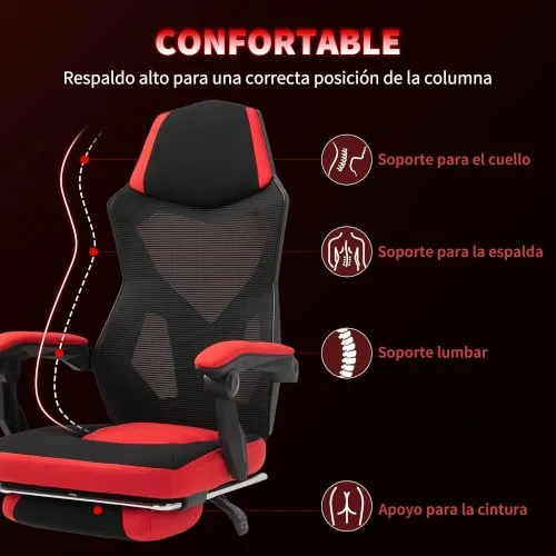 Vinsetto ▫️ Cadeira Gaming Giratória em Malha com Apoio para os Pés Retrátil Vermelha 4