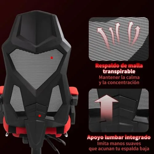 Vinsetto ▫️ Cadeira Gaming Giratória em Malha com Apoio para os Pés Retrátil Vermelha 5