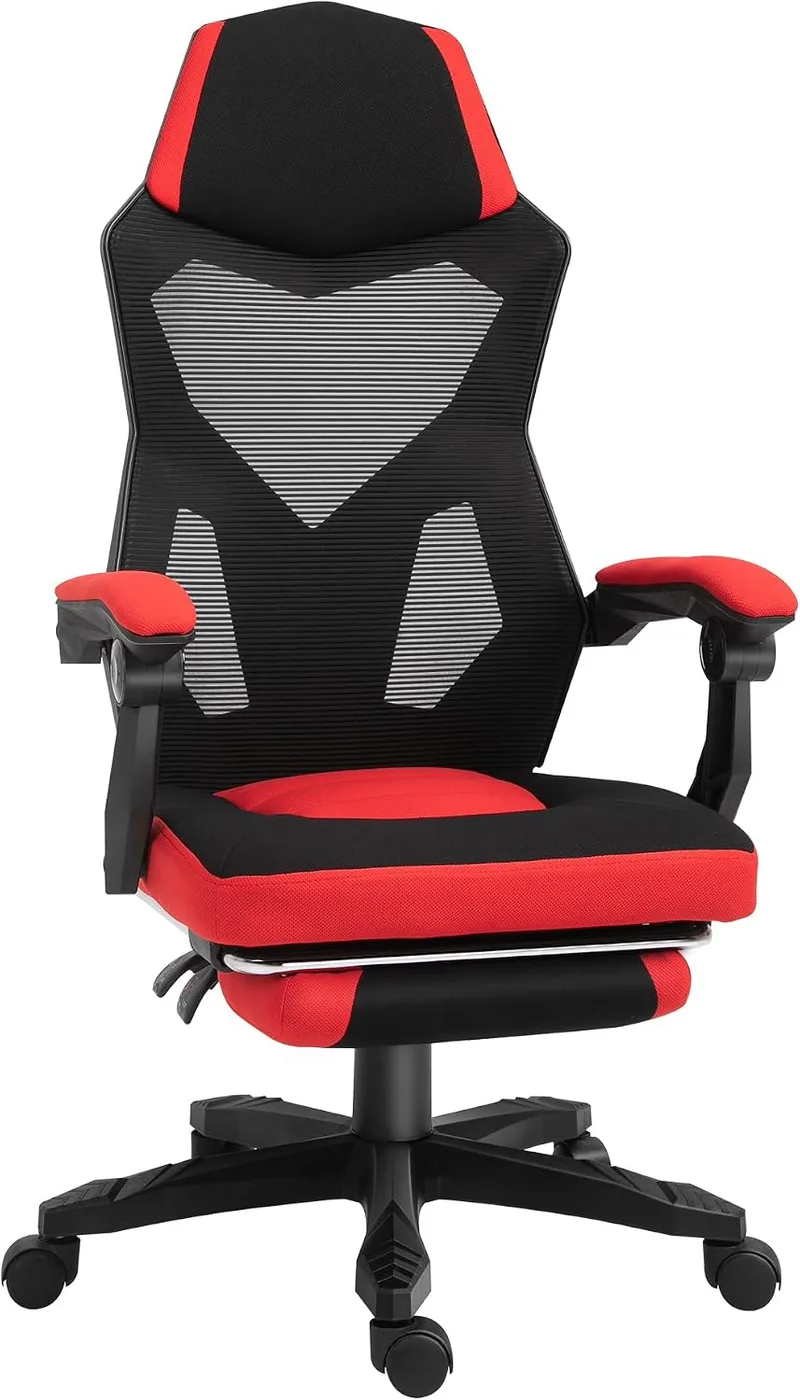 Vinsetto ▫️ Cadeira Gaming Giratória em Malha com Apoio para os Pés Retrátil Vermelha