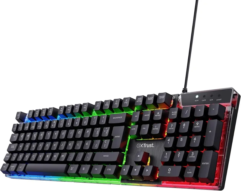 Trust Gaming ▫️ Teclado retroiluminado GXTrust 835 Azor, layout QWERTY espanhol, iluminação LED, teclado para jogos com fios para Windows, Mac, PC, computador, portátil - Preto