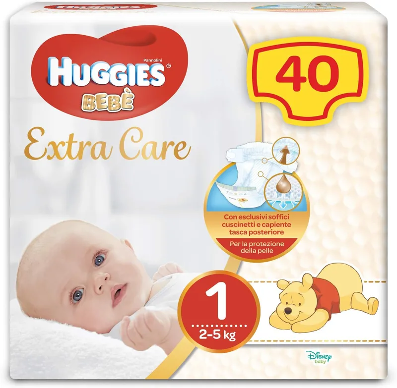 HUGGIES ▫️ Fraldas Extra Care para bebé, tamanho 1 (2-5 kg), embalagem de 40 fraldas