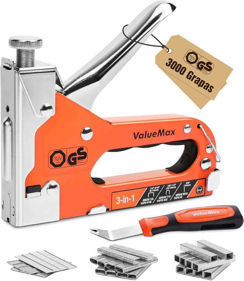 ValueMax ▫️ Grampeador Manual 3 em 1 com 3000 grampos | Pistola de grampos para estofos com removedor de grampos para madeira, estofos, decoração e reparação de móveis