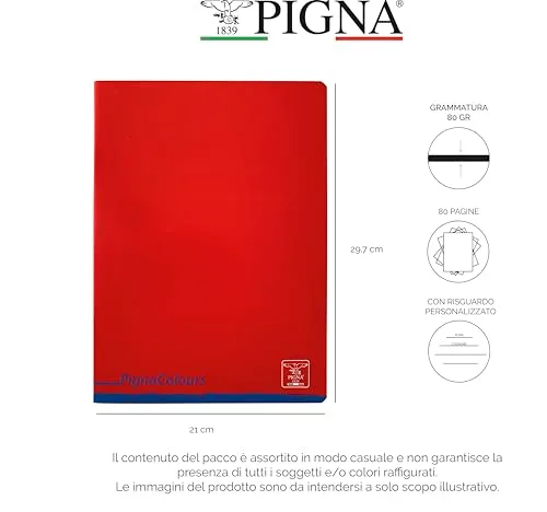 Pigna ▫️ Maxi Colores, A4 21 x 29,7 cm, 80 g/m², Capa em cartão revestido numa das faces, Folhas quadriculadas com margens para o ensino básico, Cores variadas, 10 3